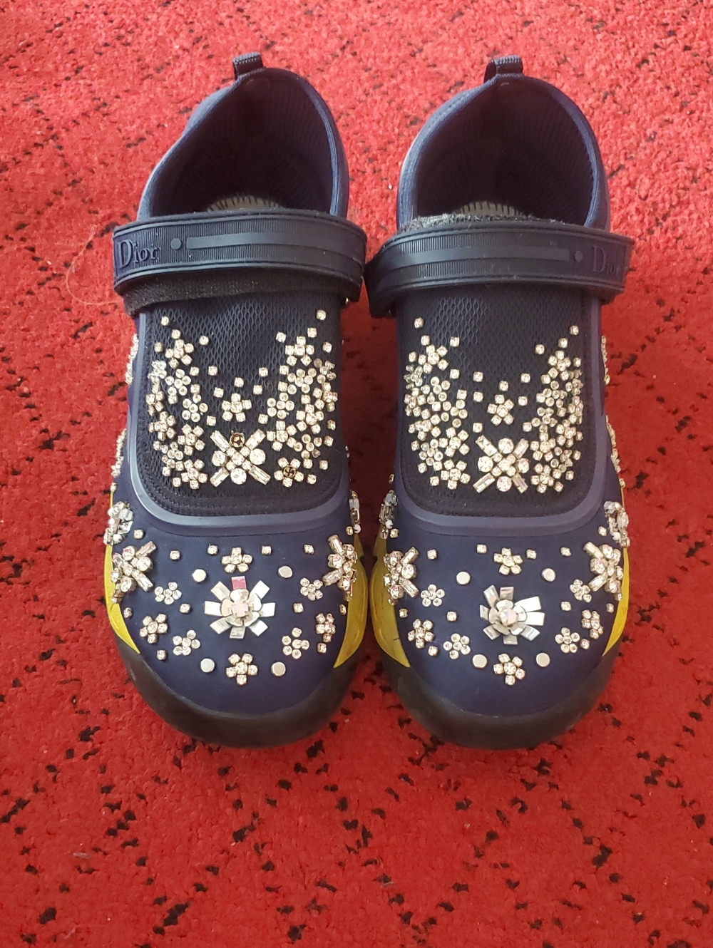 Dior Navy Blue Slip-On Sneakers with Crystal Floral Embellishments